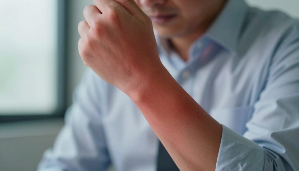 A close-up of a person's arm in a professional business attire shirt, showing skin with a visible, intense reddening effect to symbolize burning sensations, emphasized by a soft-focus lens. The arm is prominently positioned in the foreground, conveying a sense of discomfort and anxiety through clenched fingers. In the middle ground, subtle hints of distressed facial features emerge slightly blurred to suggest emotional turmoil. The background fades softly into a calming gradient of blues and greens, contrasting the red and creating a tension between turmoil and serenity. Natural light streams in from a nearby window, casting gentle shadows that evoke a contemplative mood, effectively illustrating the connection between skin reactions and anxiety.