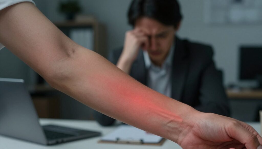 A close-up view of a person's arm showing skin with a subtle, glowing red irritation, symbolizing the sensation of burning. The arm is positioned in the foreground, revealing slightly tensed muscles, suggesting a physical reaction to anxiety. In the middle ground, a blurred figure of a person in professional attire sits at a desk with a furrowed brow, conveying stress and worry. The background features a dimly lit office environment, with soft, moody lighting that highlights the emotional weight of the scene. The atmosphere is tense and reflective, evoking both the physical and mental aspects of skin burning and anxiety. The focus is on the juxtaposition of physical discomfort and emotional turmoil, without any text or overlays.