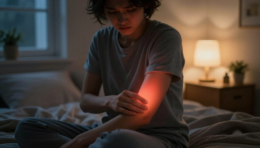 A dimly lit bedroom at night, showcasing a close-up of a person experiencing a burning sensation on their arm. The individual is dressed in modest, casual sleepwear, with a concerned expression. The skin is highlighted, showing a gentle glow to emphasize the burning effect, surrounded by soft shadows that evoke a sense of discomfort. The background suggests warmth, with a bedside lamp casting a soft, yellow light, contrasting the cool darkness outside the window. The room features subtle details like a cozy blanket and a small plant on the nightstand. The overall mood is one of unease and introspection, capturing the essence of nighttime discomfort without overwhelming the viewer.