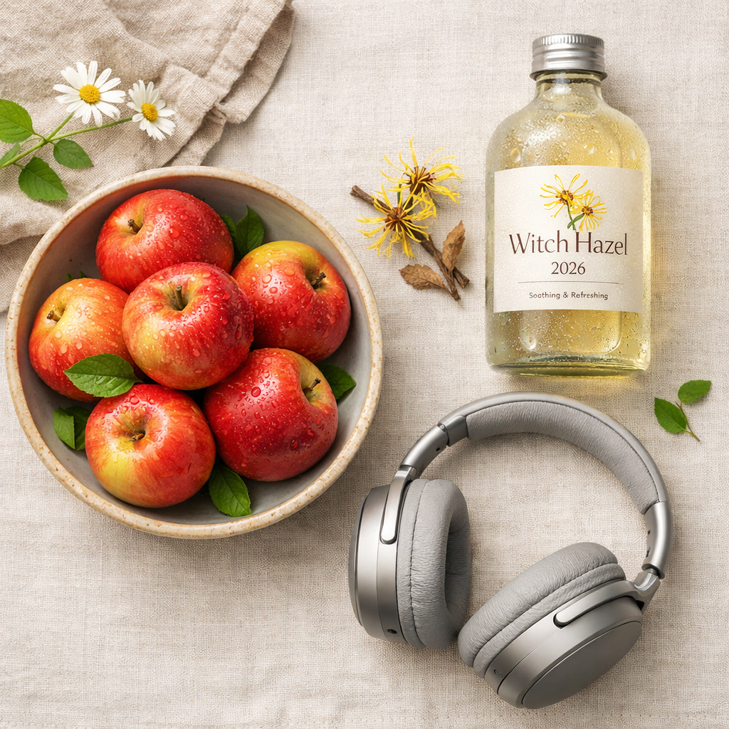 A peaceful flat-lay featuring a bowl of fresh apples, a bottle of chilled witch hazel, and a pair of noise-canceling headphones, representing a 2026 stress-relief kit.
