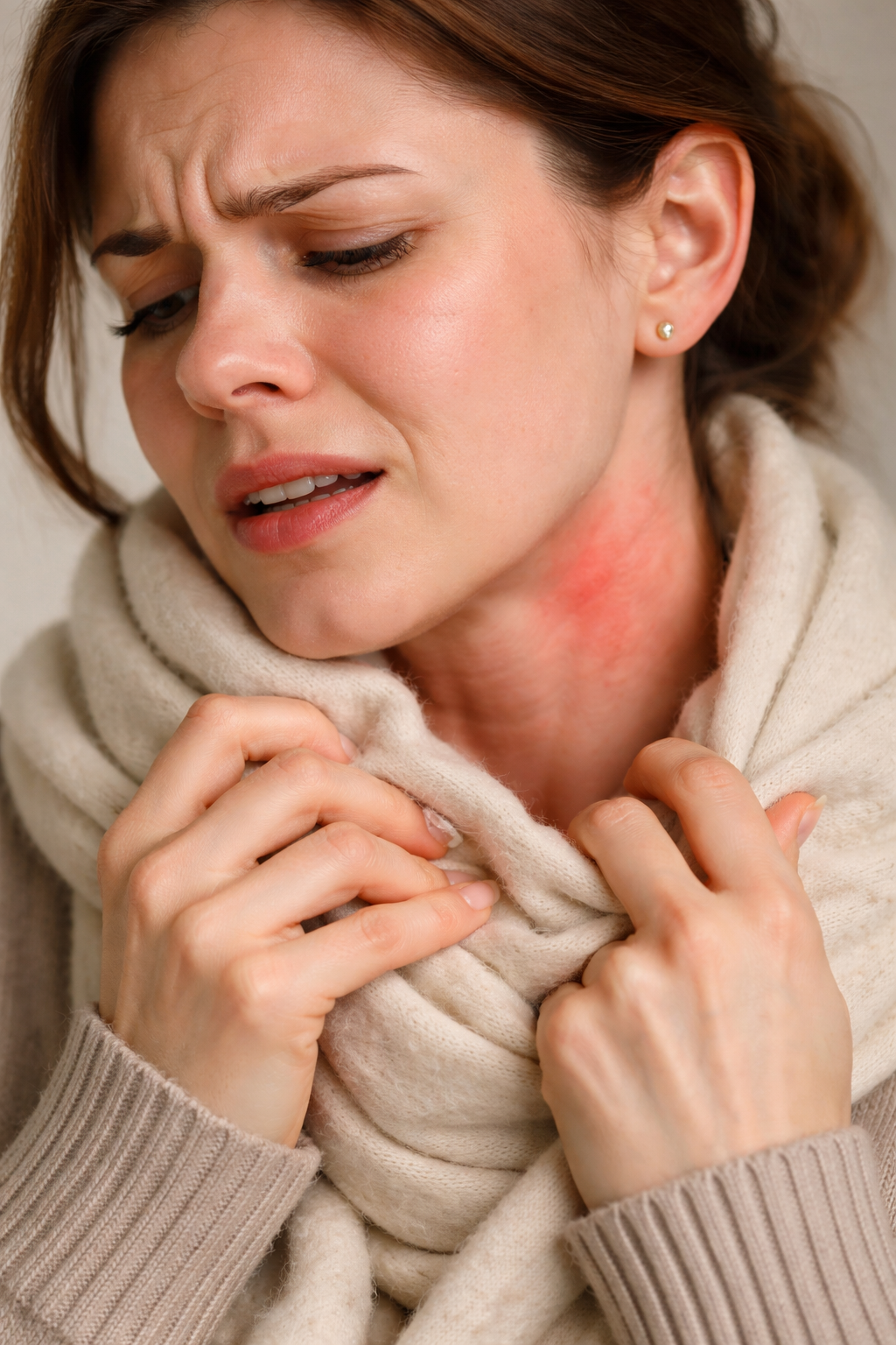 A close-up of a person’s face with a pained expression as they pull a soft scarf away from their neck, symbolizing skin sensitivity and anxiety.