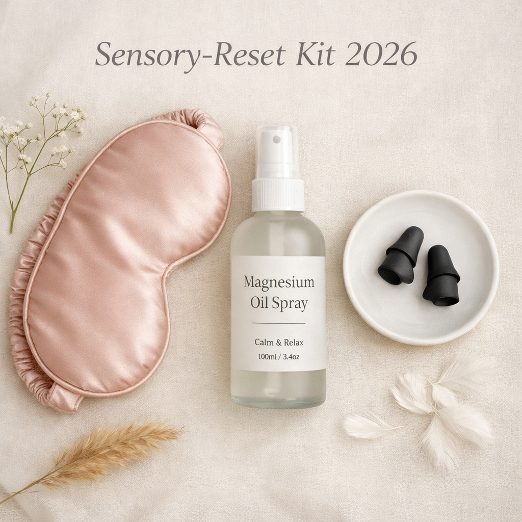 A peaceful flat-lay featuring a silk eye mask, a bottle of magnesium oil spray, and a pair of noise-canceling earplugs, representing a 2026 sensory-reset kit.
