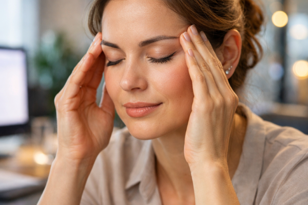 A close-up of a person gently massaging their temples in a modern, softly lit 2026 office, symbolizing the relief of facial tingling and stress.