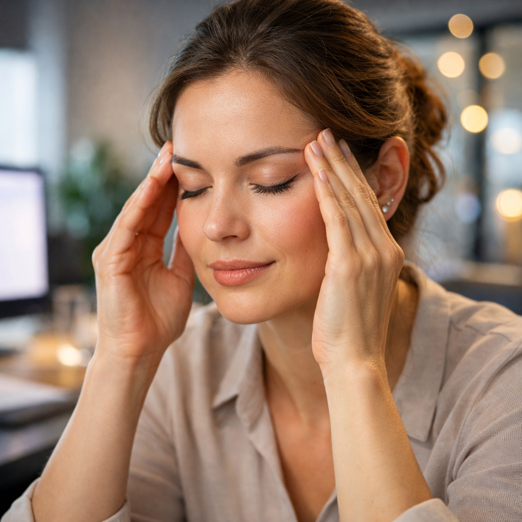 A close-up of a person gently massaging their temples in a modern, softly lit 2026 office, symbolizing the relief of facial tingling and stress.