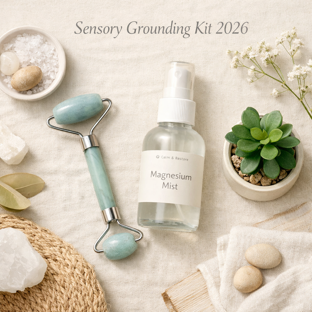 A serene flat-lay featuring a cooling facial roller, a bottle of magnesium mist, and a small plant, representing a 2026 sensory grounding kit.