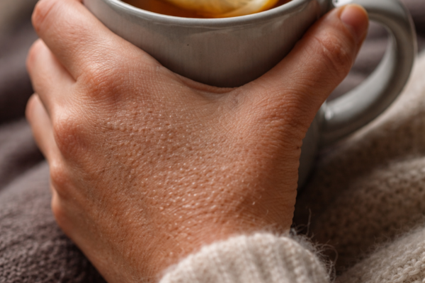 A close-up of a person’s hand gripping a warm mug of tea, with visible goosebumps on the arm, symbolizing the "skin chill" caused by anxiety.