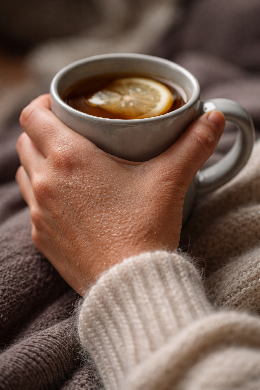 A close-up of a person’s hand gripping a warm mug of tea, with visible goosebumps on the arm, symbolizing the "skin chill" caused by anxiety.