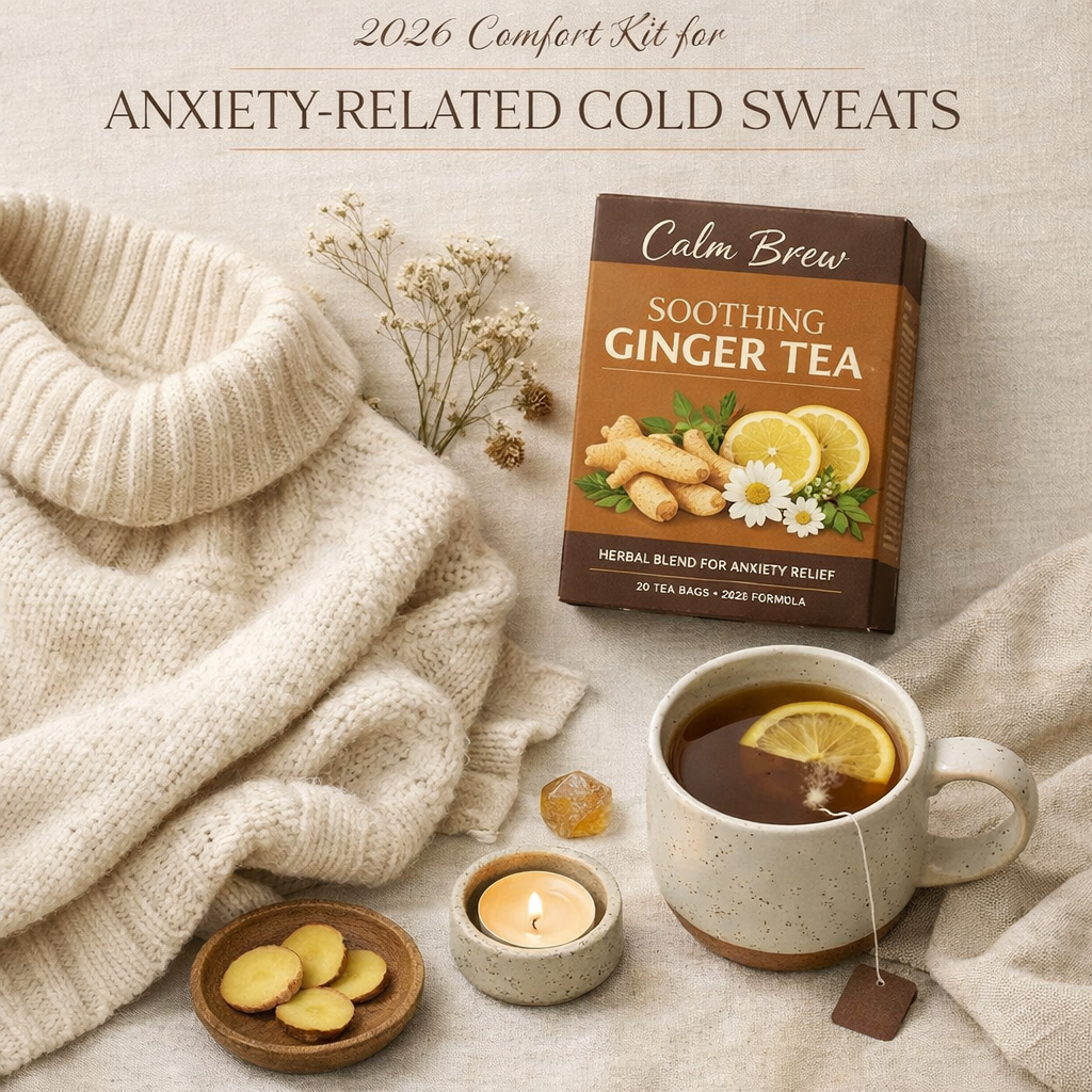 A serene flat-lay featuring a soft wool sweater, a box of herbal ginger tea, and a ceramic mug, representing a 2026 comfort kit for anxiety-related cold sweats.