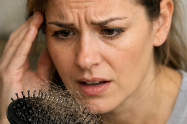 A close-up of a person looking at a hairbrush with a concerned expression, illustrating the visible impact of stress-induced hair thinning.