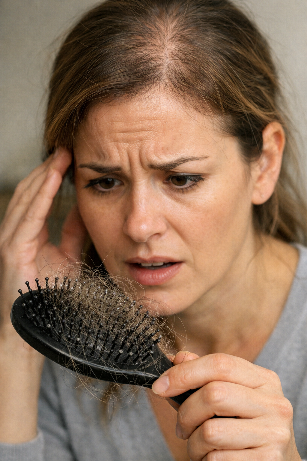 A close-up of a person looking at a hairbrush with a concerned expression, illustrating the visible impact of stress-induced hair thinning.