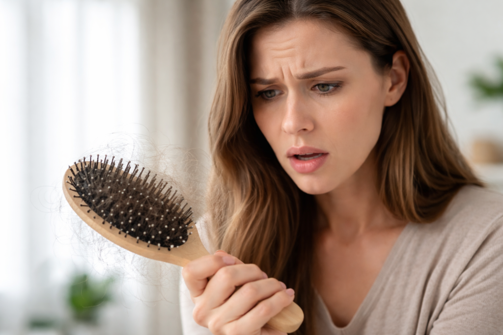 A close-up of a person looking at a hairbrush with a concerned expression, illustrating the visible impact of stress-induced hair thinning.