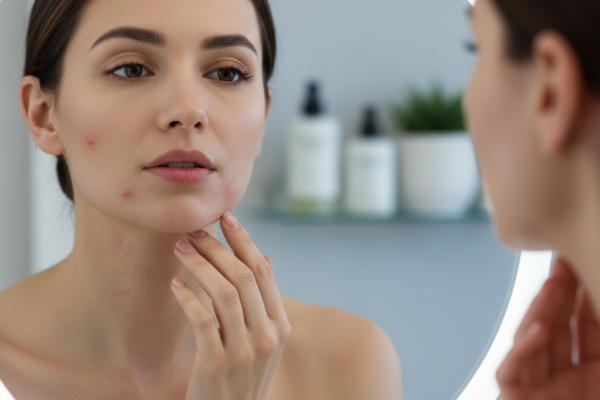 A close-up of a person’s jawline with minor red breakouts, looking into a mirror with a calm yet focused expression.