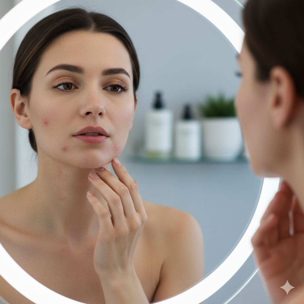 A close-up of a person’s jawline with minor red breakouts, looking into a mirror with a calm yet focused expression.