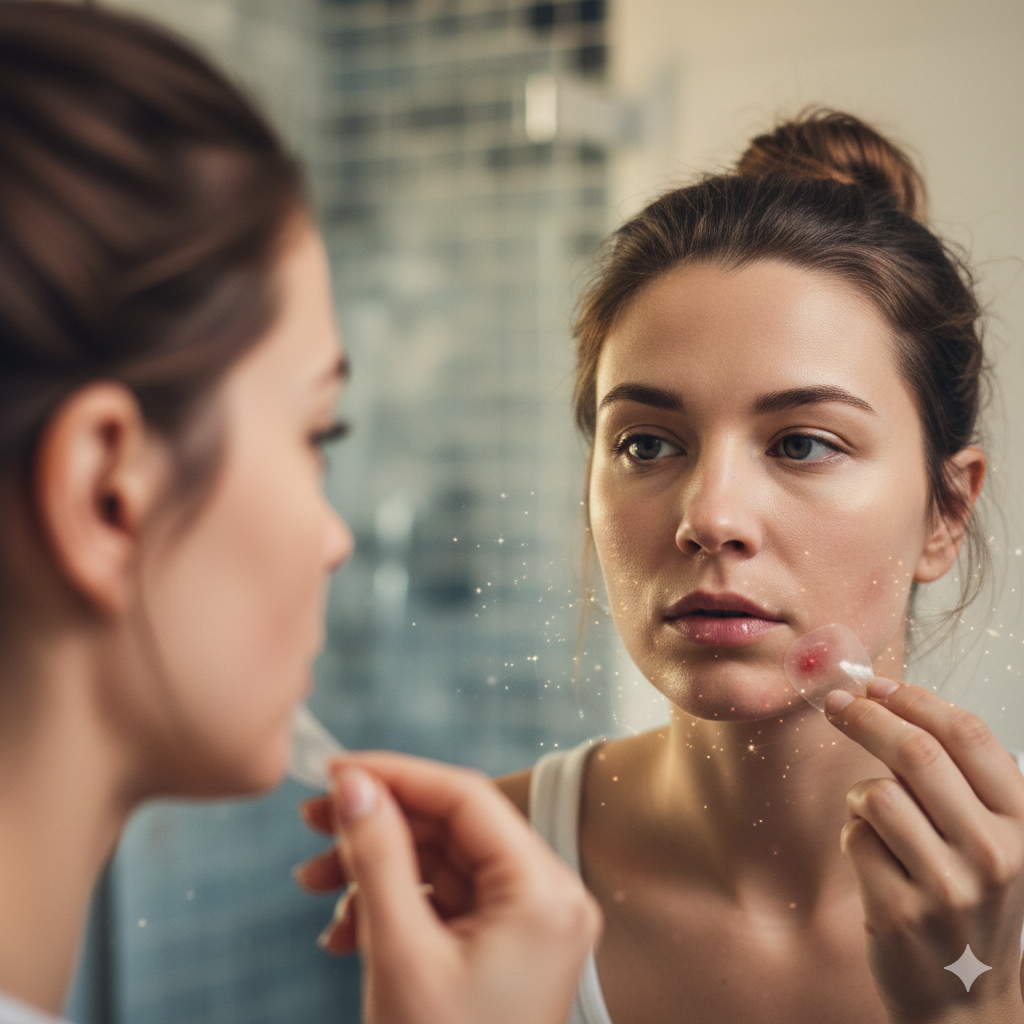 A close-up of a person’s jawline with minor red breakouts, looking into a mirror with a calm yet focused expression.