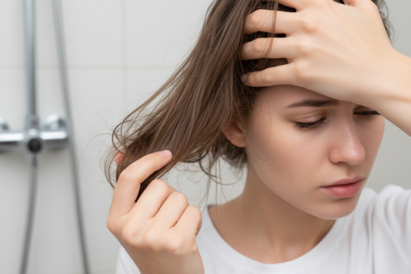 A close-up of a person's face showing a subtle yet noticeable paleness, with a furrowed brow, reflecting anxiety and emotional stress. The lighting is soft but highlights the loss of color.