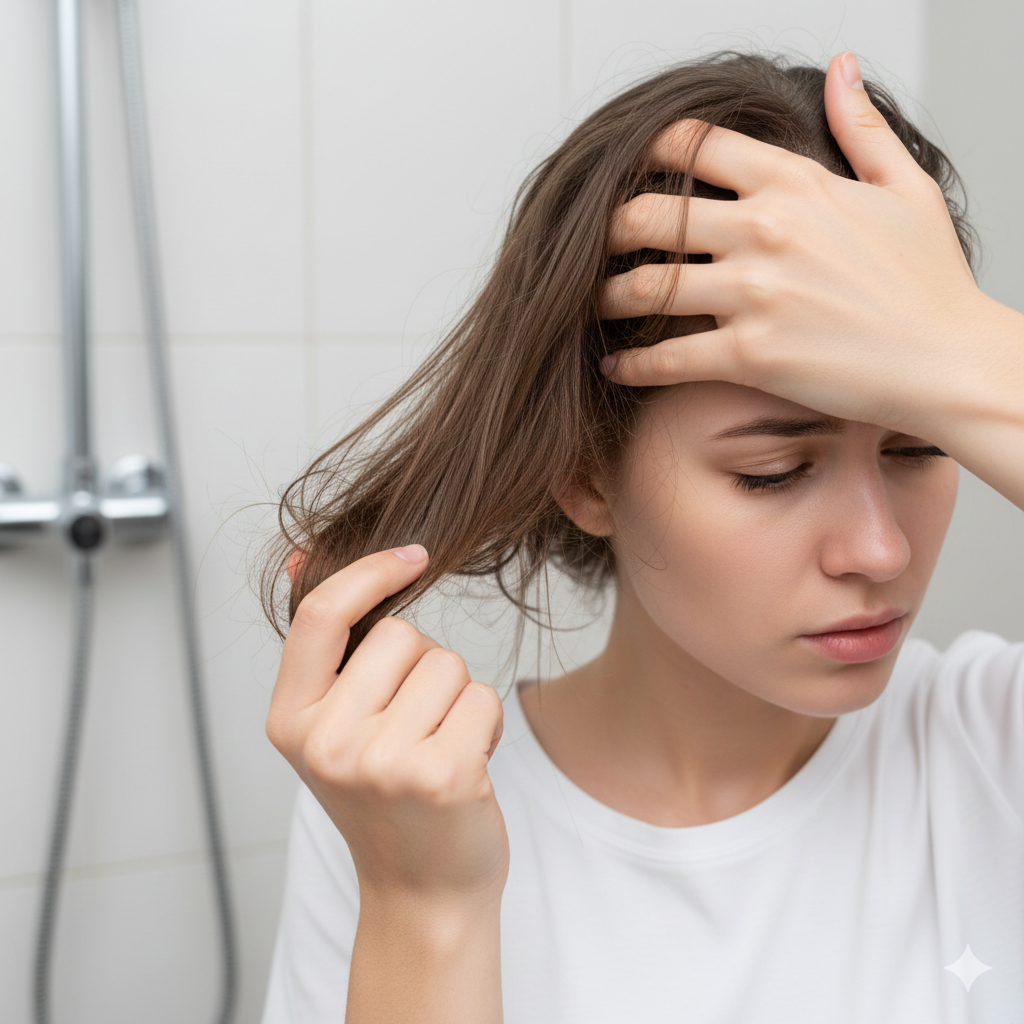 A close-up of a person's face showing a subtle yet noticeable paleness, with a furrowed brow, reflecting anxiety and emotional stress. The lighting is soft but highlights the loss of color.
