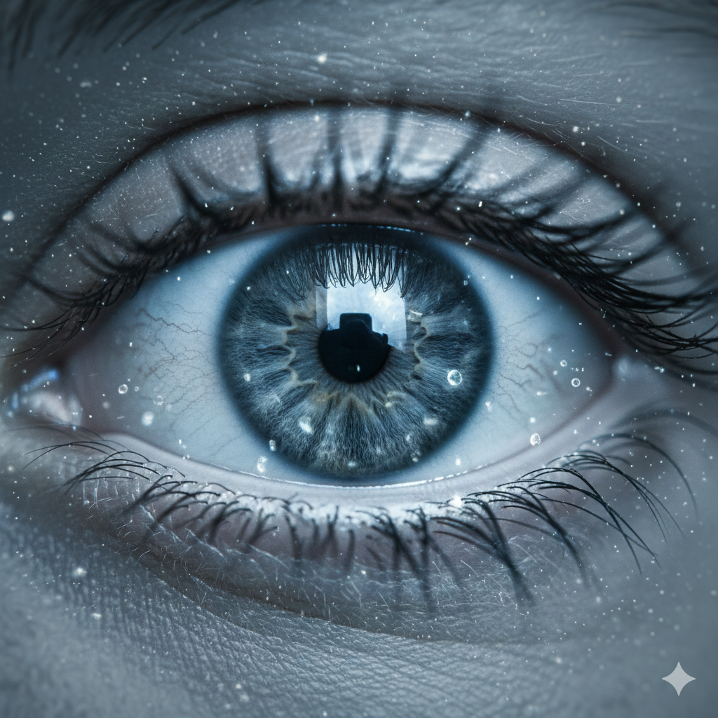 A close-up view of a human eye with intense focus, capturing subtle visual disturbances such as tiny floaters and neural sparks within the retina and optic nerve area