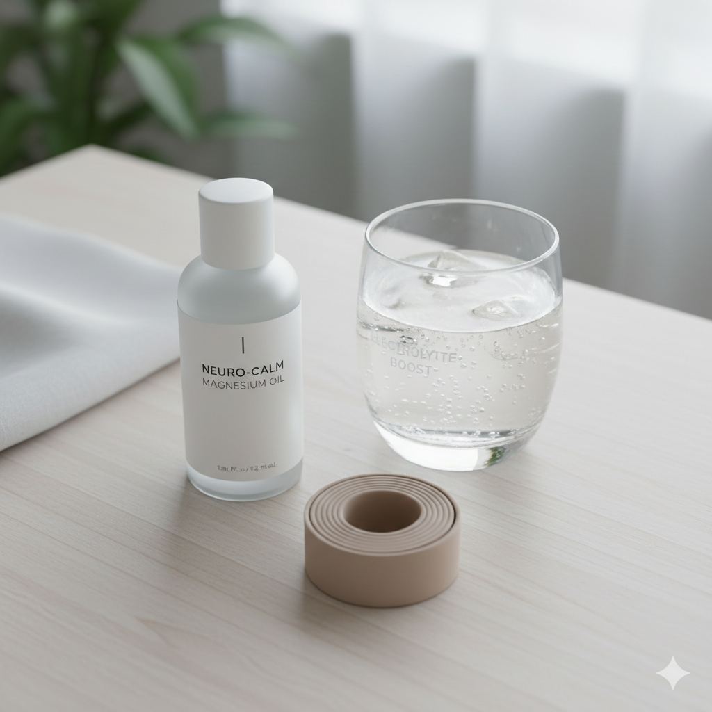 A serene flat-lay featuring a bottle of magnesium oil, a soft stretch band, and a glass of electrolyte water, representing a 2026 tension-release kit.