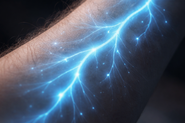 A close-up of a person’s arm with a soft, ethereal blue light pulsing beneath the skin, symbolizing the electrical nerve signals of formication.