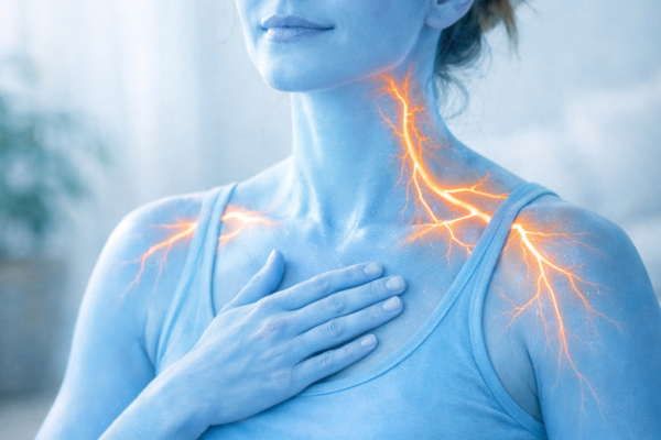 A serene person practicing deep breathing with a soft blue overlay on their skin, symbolizing the cooling effect of mindfulness on nerve inflammation.