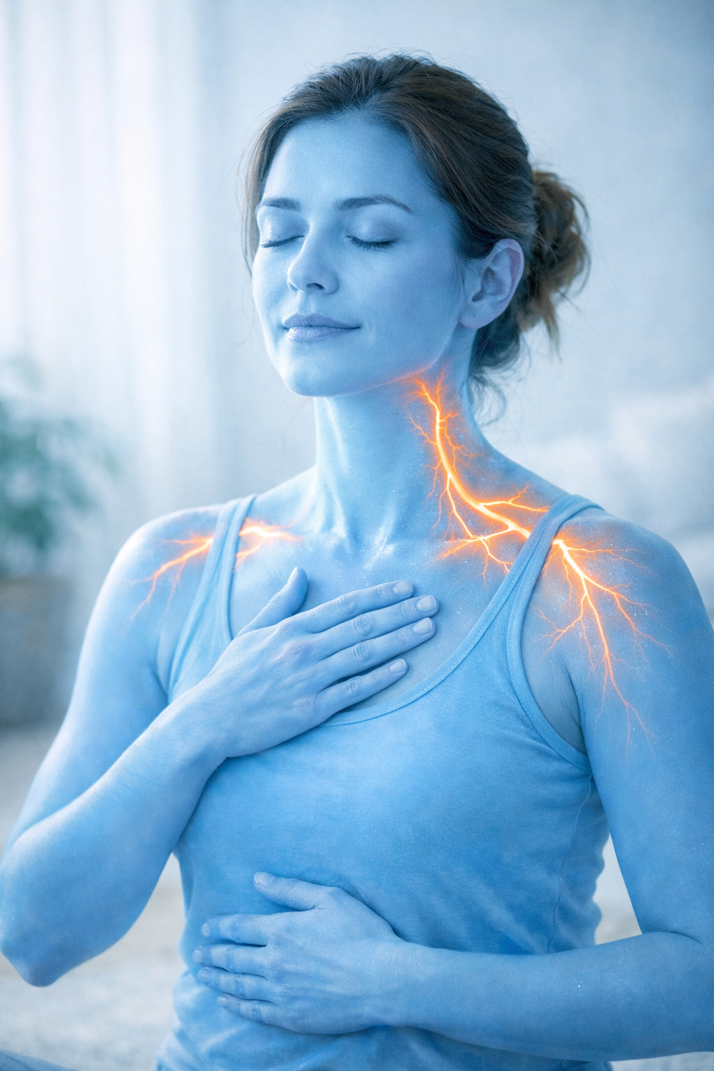 A serene person practicing deep breathing with a soft blue overlay on their skin, symbolizing the cooling effect of mindfulness on nerve inflammation.