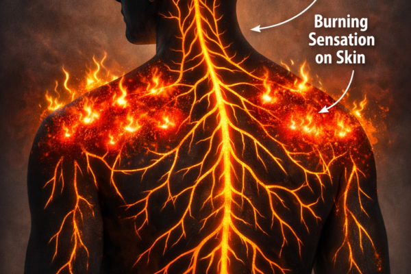 A conceptual illustration of a human silhouette with glowing orange nerve pathways, showing how internal stress translates into a "burning" sensation on the skin's surface