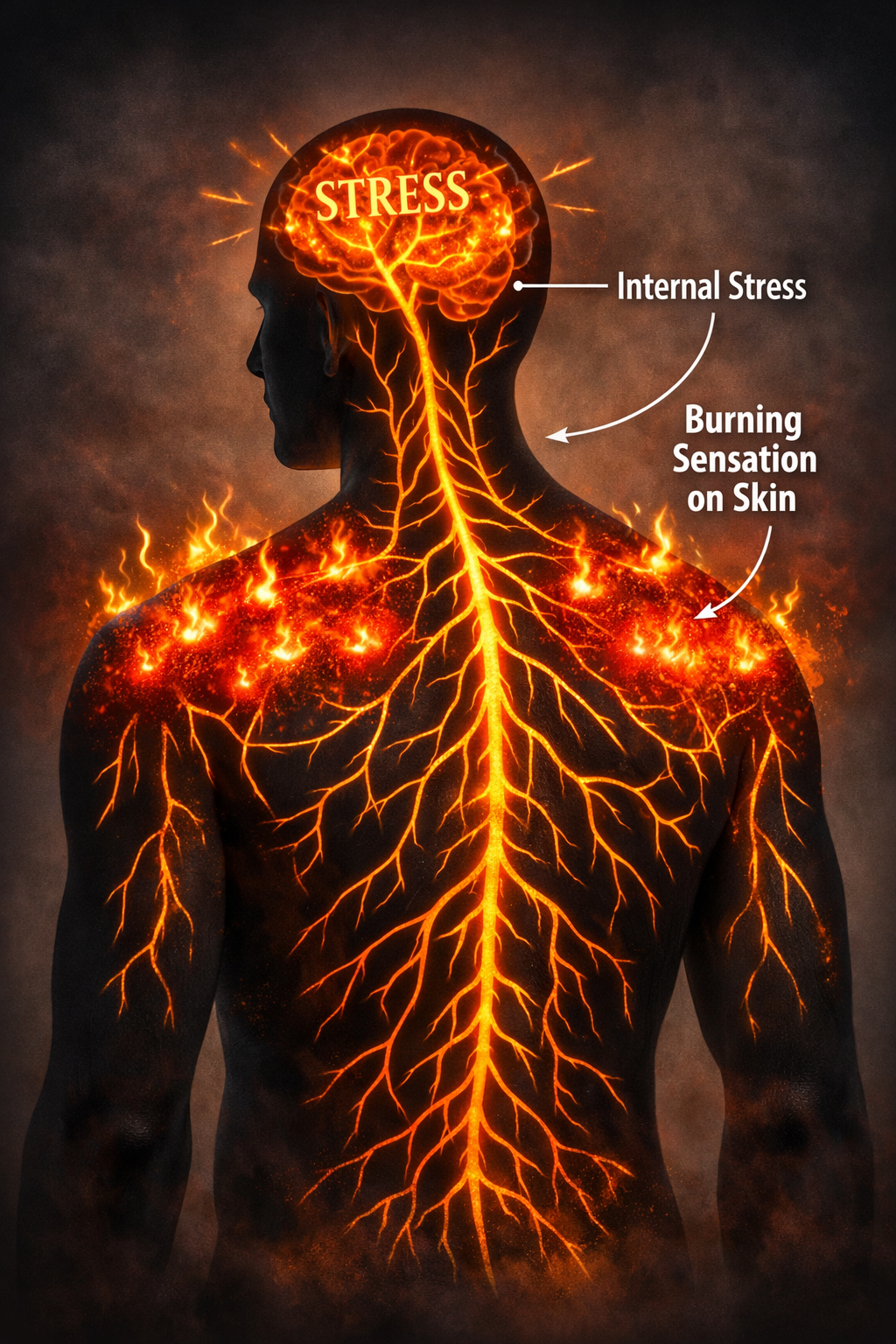 A conceptual illustration of a human silhouette with glowing orange nerve pathways, showing how internal stress translates into a "burning" sensation on the skin's surface