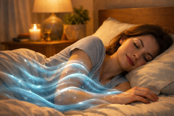 A peaceful bedroom setting with soft, ambient lighting and a person resting comfortably, with a subtle visual representation of "calm waves" washing over the skin to symbolize the transition to deep sleep.
