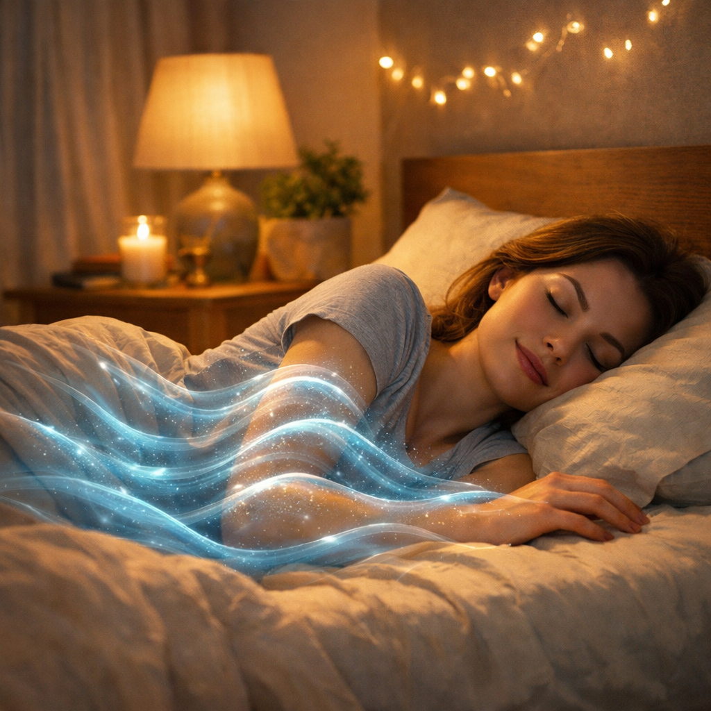 A peaceful bedroom setting with soft, ambient lighting and a person resting comfortably, with a subtle visual representation of "calm waves" washing over the skin to symbolize the transition to deep sleep.