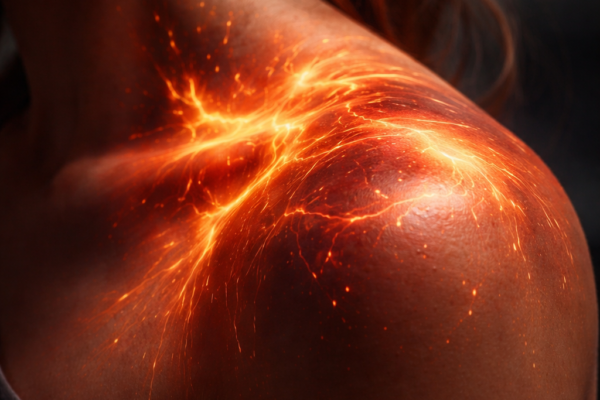close-up of a person’s shoulder with a glowing, abstract light effect underneath the skin, representing the internal heat of anxiety.