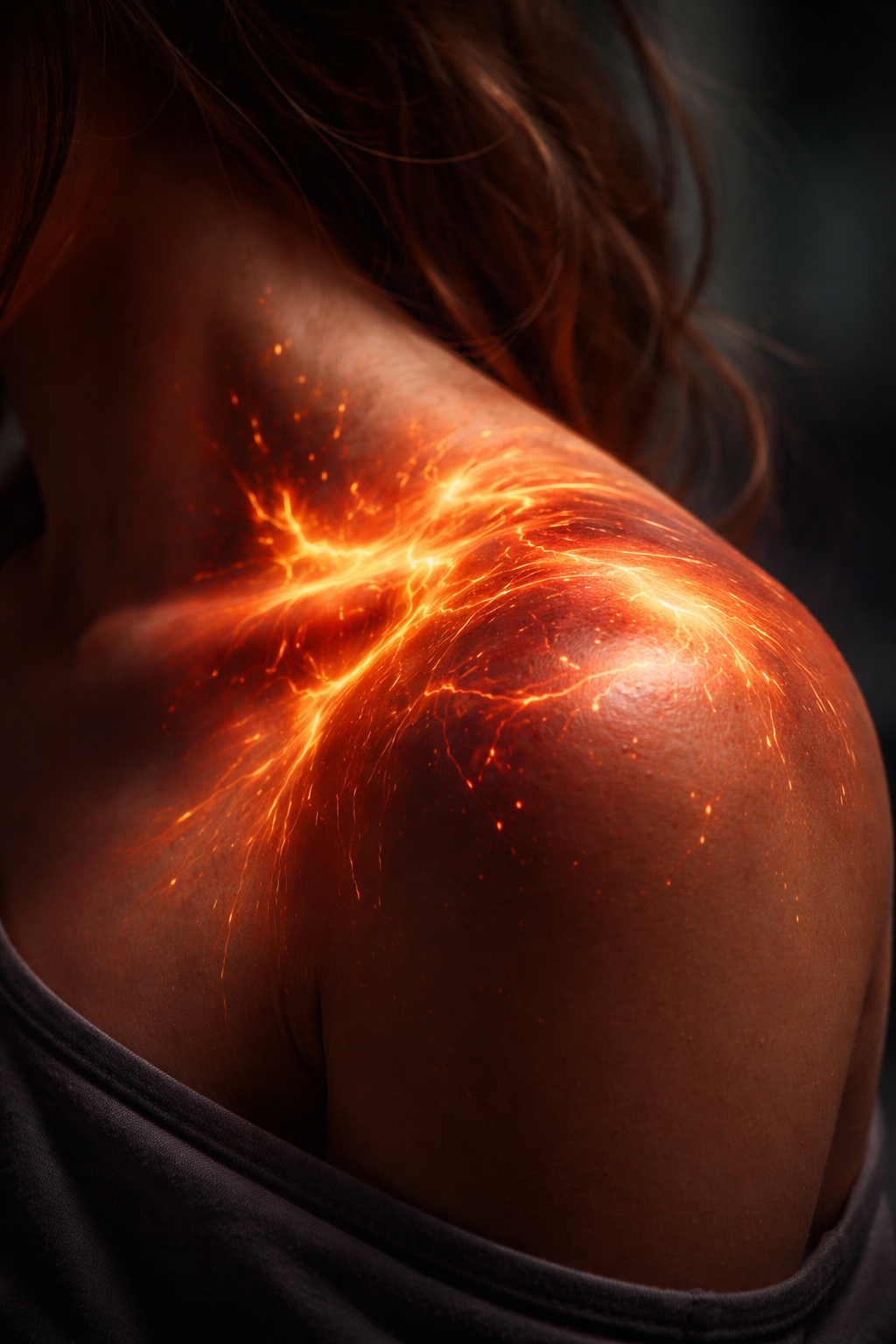 close-up of a person’s shoulder with a glowing, abstract light effect underneath the skin, representing the internal heat of anxiety.