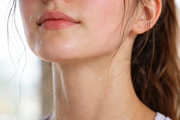 A close-up of a person’s face and neck showing a subtle, healthy flush, with a calm expression that suggests they are practicing deep breathing to cool down.