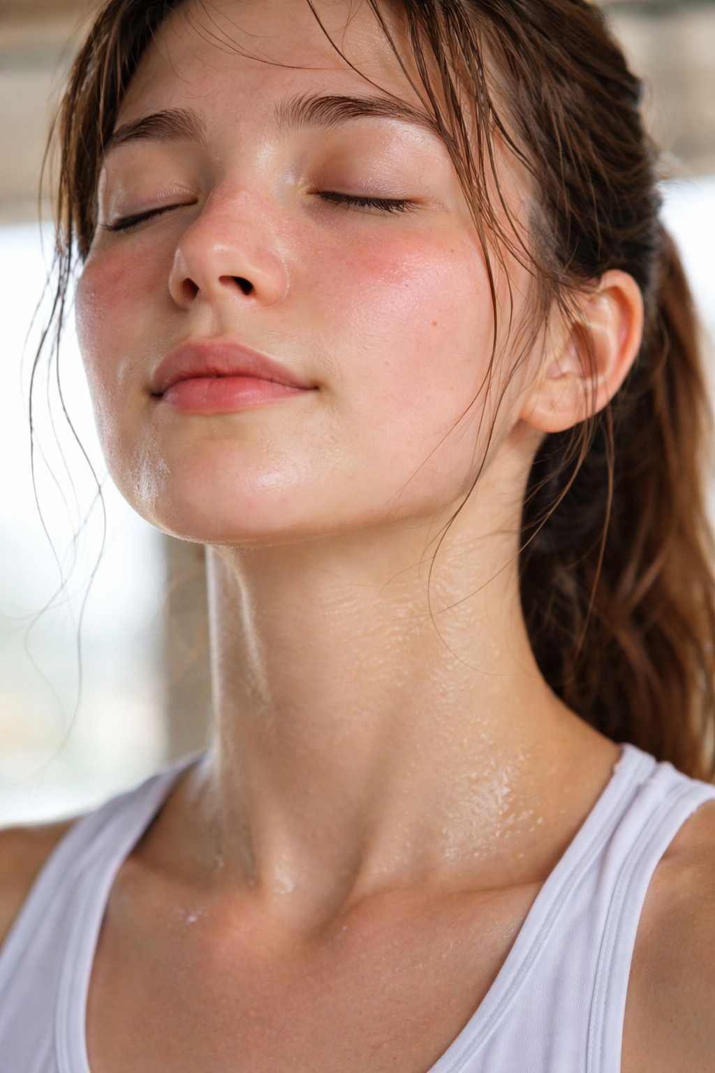 A close-up of a person’s face and neck showing a subtle, healthy flush, with a calm expression that suggests they are practicing deep breathing to cool down.
