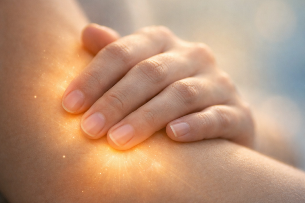 A close-up of a person’s hand resting gently on their arm, with a soft, calming light glow to represent the soothing of overactive nerves.