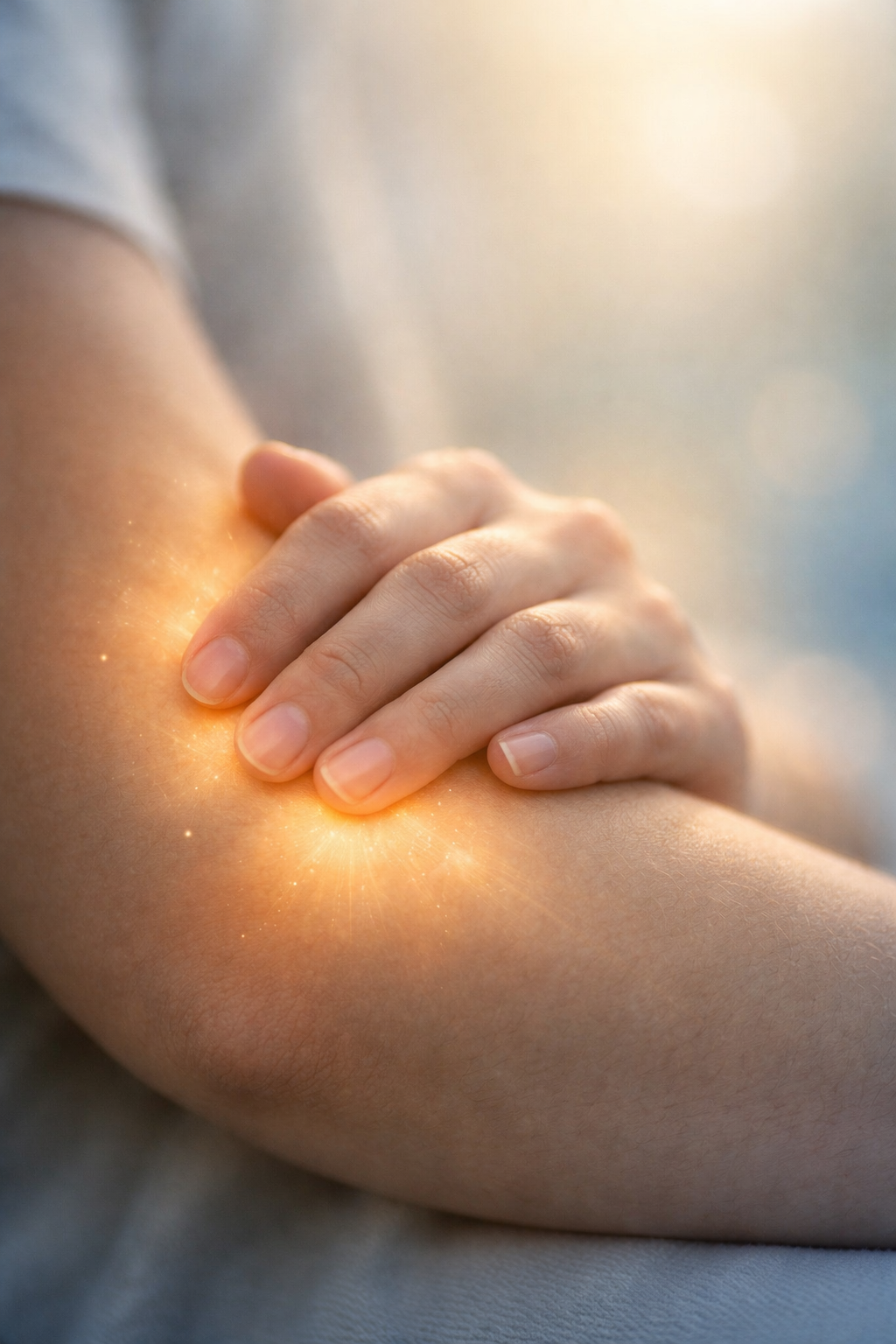 A close-up of a person’s hand resting gently on their arm, with a soft, calming light glow to represent the soothing of overactive nerves.
