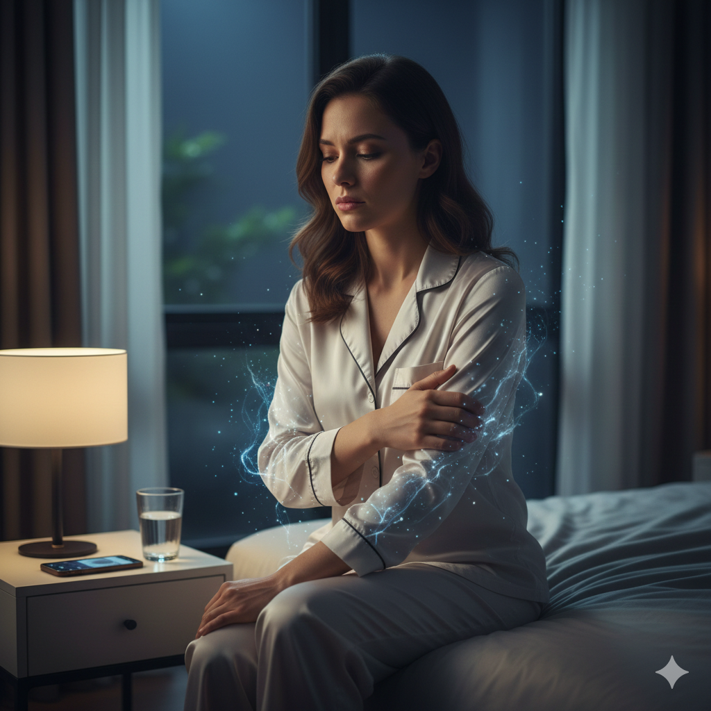 A person sitting on a bed at night, looking pensive and gently rubbing their arm, representing the invisible itch caused by stress.