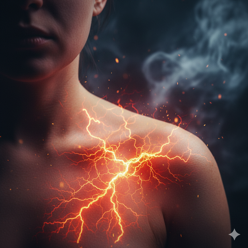 close-up of a person’s shoulder with a glowing, abstract light effect underneath the skin, representing the internal heat of anxiety.