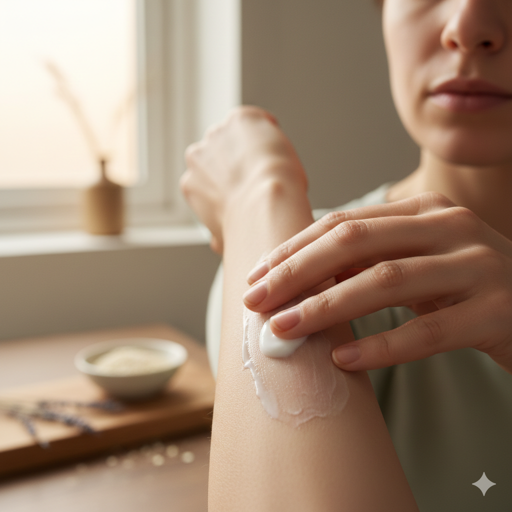 A close-up of a person’s arm with a subtle red patch, showing a calming cream being applied gently.