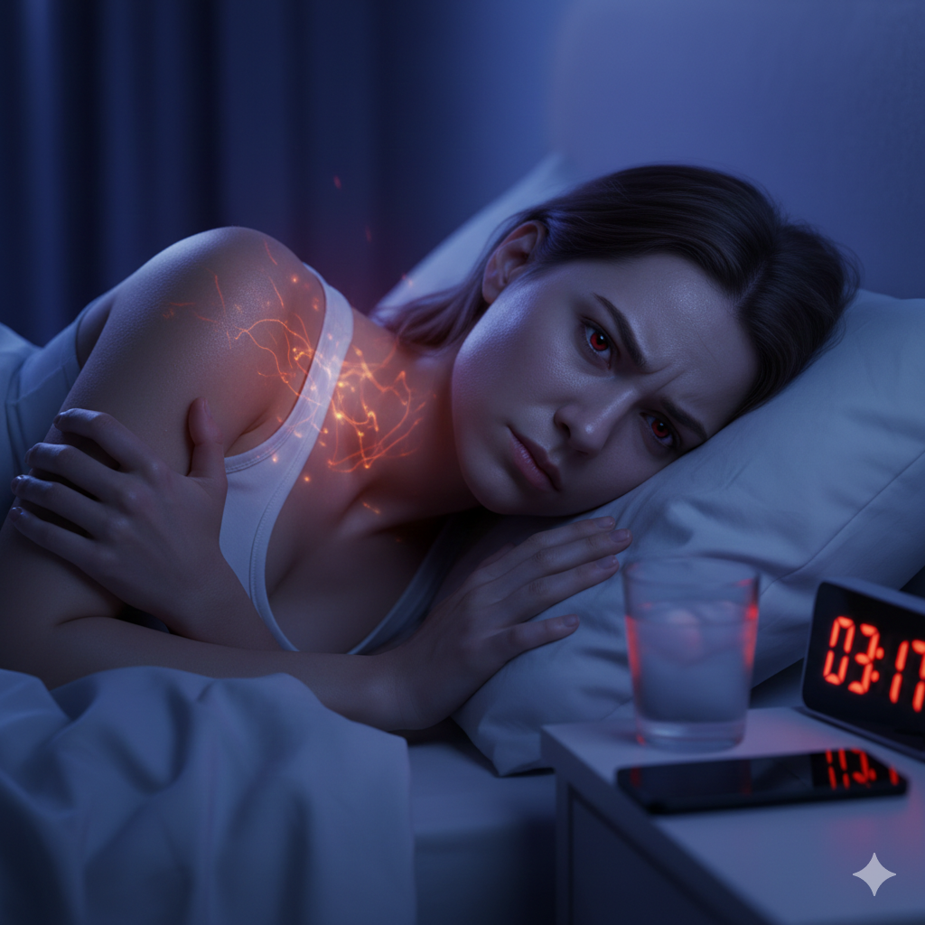 A close-up of a person’s Burning Skin Sensation at Night: Is Anxiety Setting Your Skin on Fire