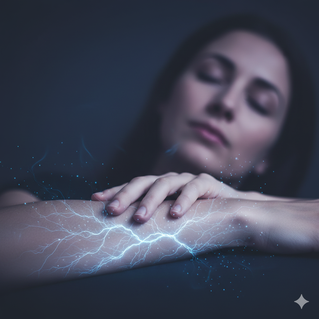A close-up of a person’s arm with a soft, ethereal blue light pulsing beneath the skin, symbolizing the electrical nerve signals of formication.