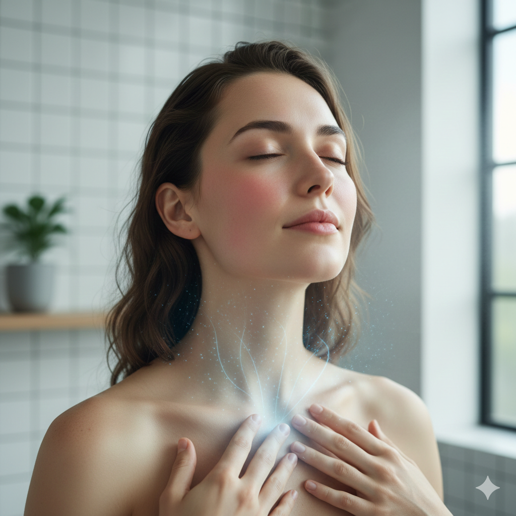 A close-up of a person’s face and neck showing a subtle, healthy flush, with a calm expression that suggests they are practicing deep breathing to cool down.