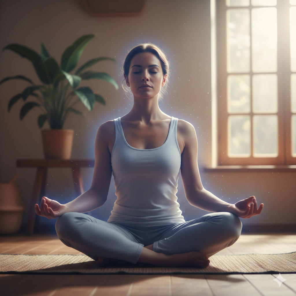 A serene person practicing deep breathing with a soft blue overlay on their skin, symbolizing the cooling effect of mindfulness on nerve inflammation.