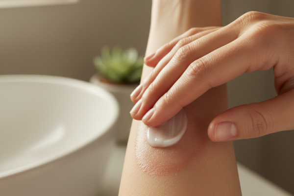 A close-up of a person’s arm with a subtle red patch, showing a calming cream being applied gently.