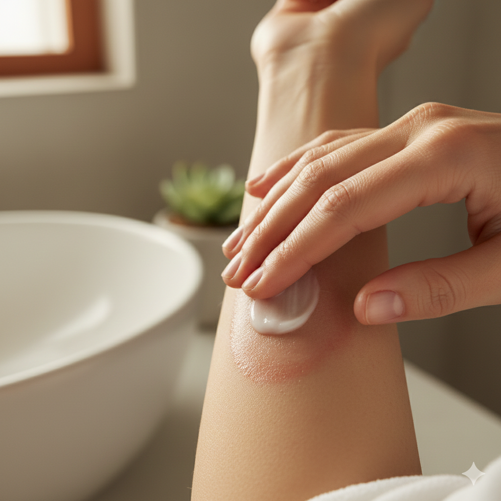 A close-up of a person’s arm with a subtle red patch, showing a calming cream being applied gently.