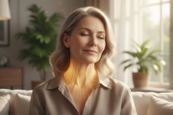 A sophisticated woman in a serene environment, with a glowing golden light around her neck and chest to represent the warmth and sensitivity of hormonal skin transitions.
