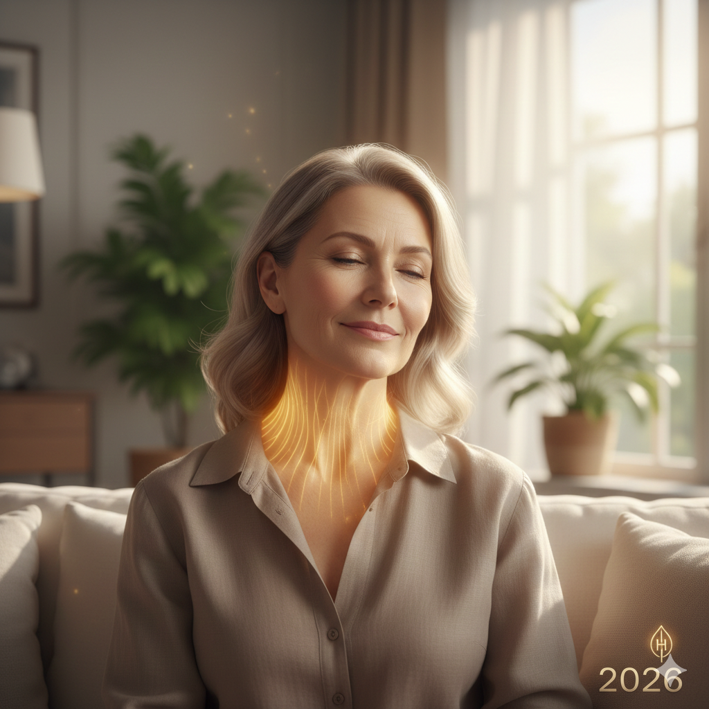 A sophisticated woman in a serene environment, with a glowing golden light around her neck and chest to represent the warmth and sensitivity of hormonal skin transitions.