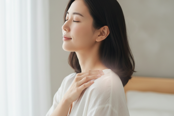 woman gently touching her sensitive shoulder
