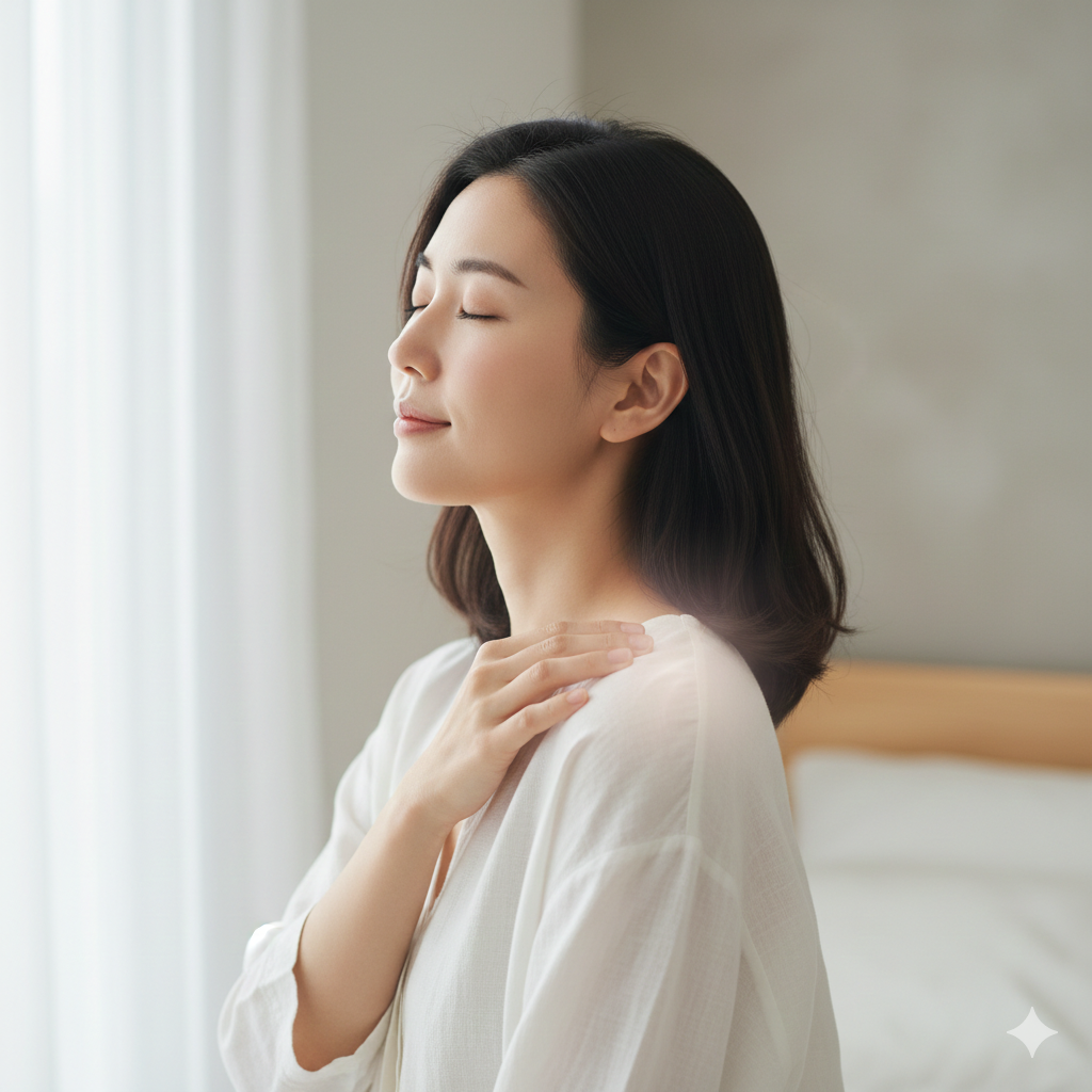 woman gently touching her sensitive shoulder