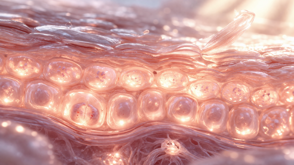 3D macro render of glowing, healthy skin cells