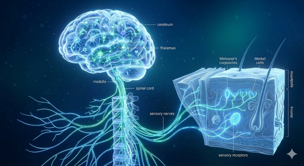 3D medical graphic showing a simple pure glowing brain linked to a clear pure skin surface